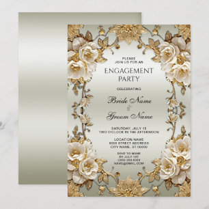 Golden Ornate White Flowers Engagement Invitation