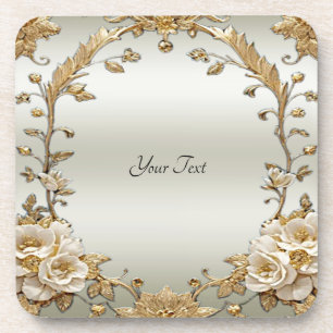 Golden Ornate White Flowers Hard Plastic Coaster
