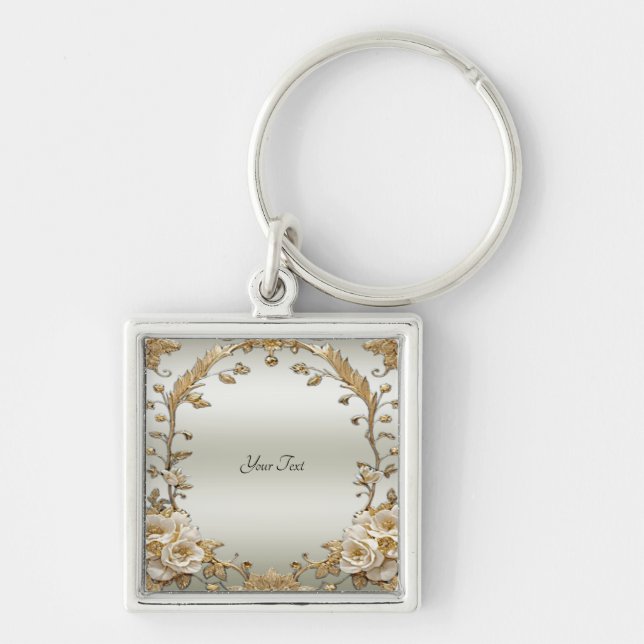 Golden Ornate White Flowers Keychain (Front)