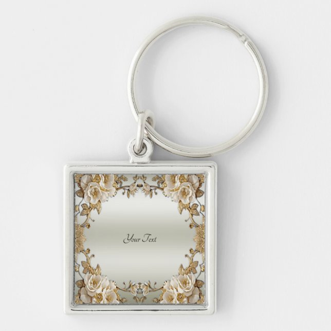 Golden Ornate White Flowers Keychain (Front)