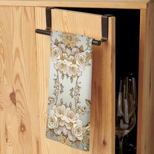 Golden Ornate White Flowers Kitchen Towels (Thirds Fold)