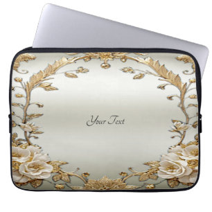 Golden Ornate White Flowers Laptop Sleeve