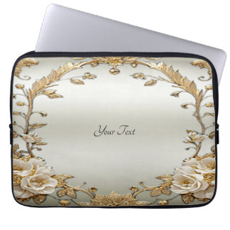 Golden Ornate White Flowers Laptop Sleeve