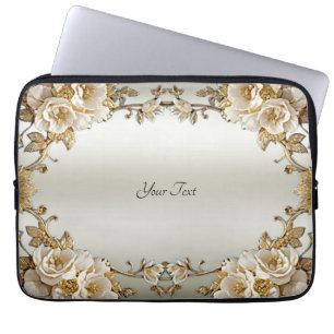 Golden Ornate White Flowers Laptop Sleeve