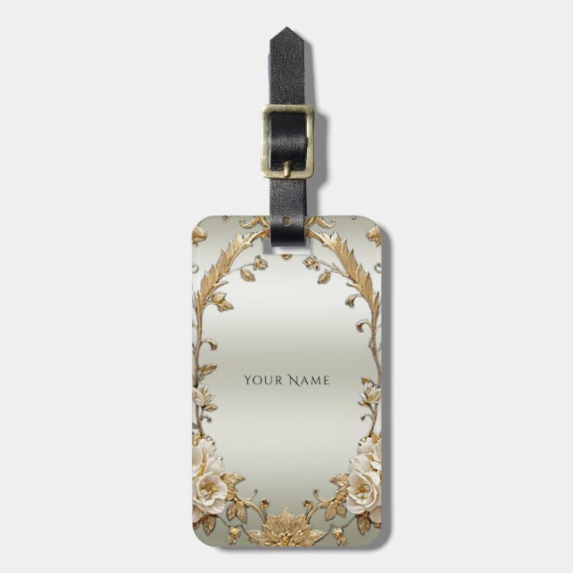 Golden Ornate White Flowers Luggage Tag (Front Vertical)