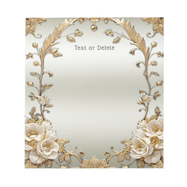 Golden Ornate White Flowers Notepad (Front)