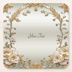 Golden Ornate White Flowers Paper Coaster