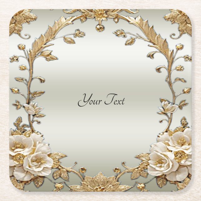 Golden Ornate White Flowers Paper Coaster (Front)
