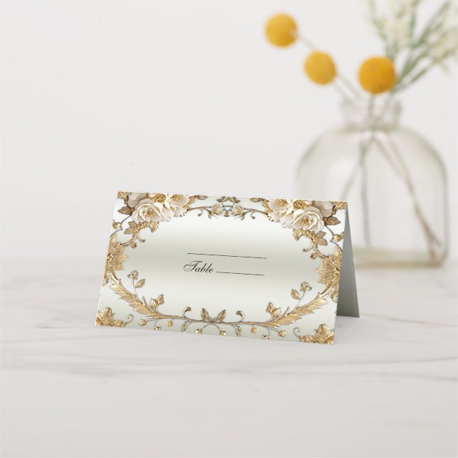 Golden Ornate White Flowers Place Card (Front)