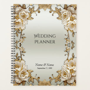 Golden Ornate White Flowers Planner