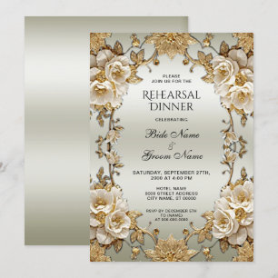 Golden Ornate White Flowers Rehearsal Dinner Invitation