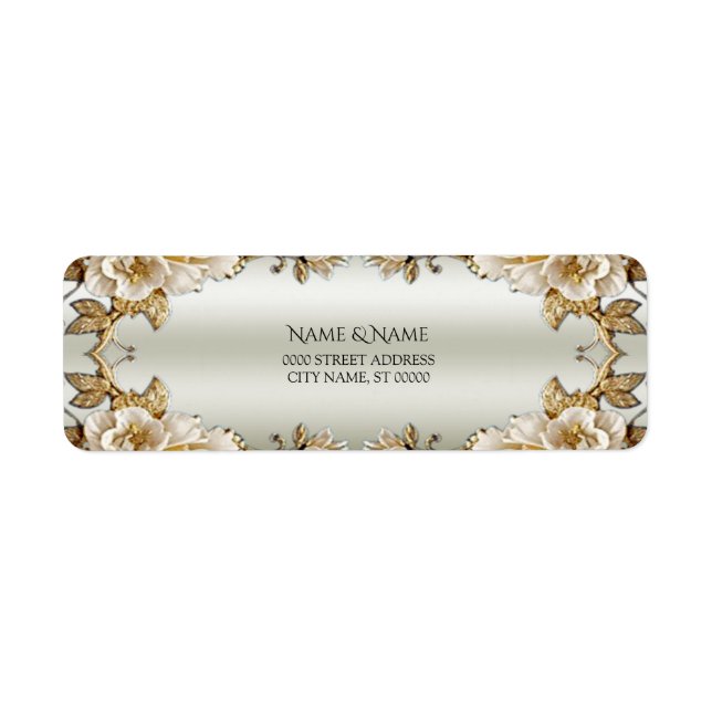 Golden Ornate White Flowers Return Address Label (Front)