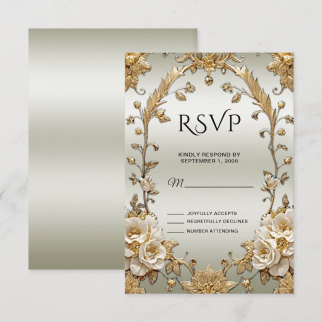 Golden Ornate White Flowers RSVP Card (Front/Back)