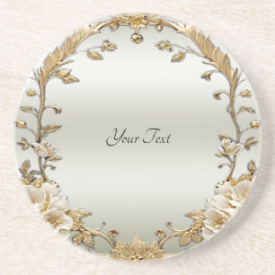 Golden Ornate White Flowers Sandstone Coaster