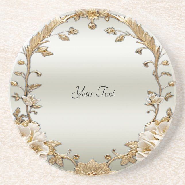 Golden Ornate White Flowers Sandstone Coaster (Front)