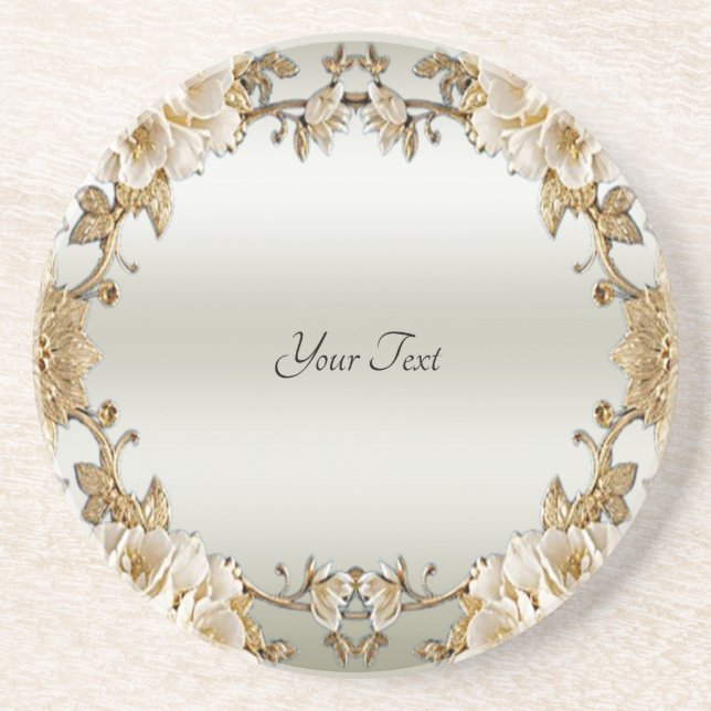 Golden Ornate White Flowers Sandstone Coaster (Front)