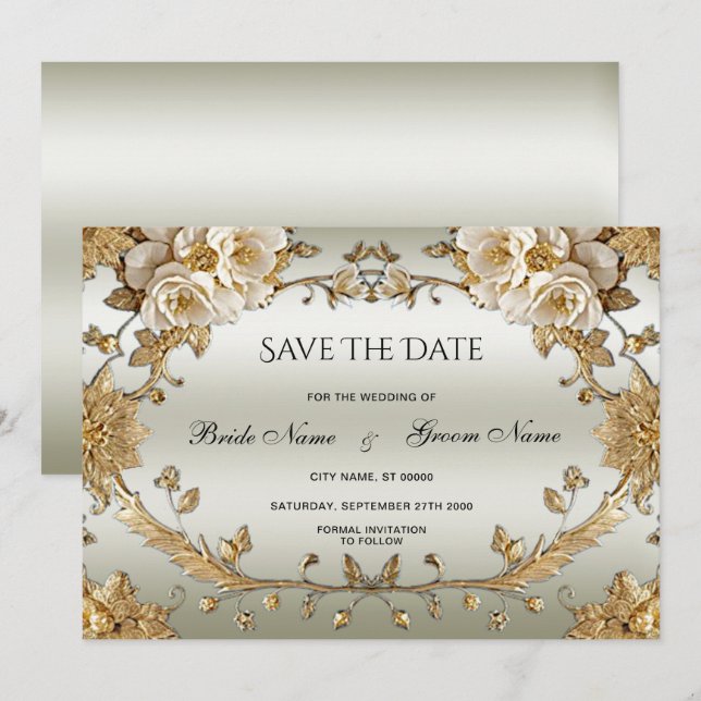 Golden Ornate White Flowers Save The Date (Front/Back)