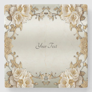 Golden Ornate White Flowers Stone Coaster