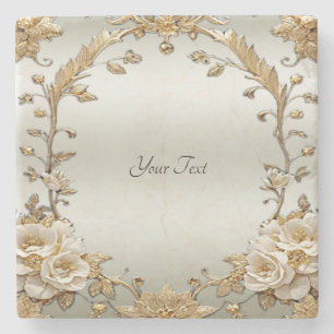 Golden Ornate White Flowers Stone Coaster
