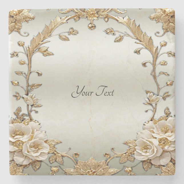 Golden Ornate White Flowers Stone Coaster (Front)