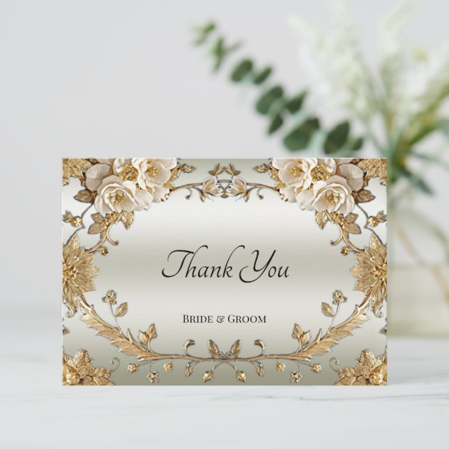 Golden Ornate White Flowers Thank You Card (Standing Front)