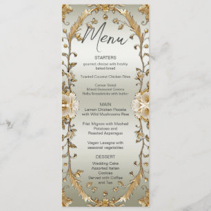 Golden Ornate White Flowers Wedding Menu