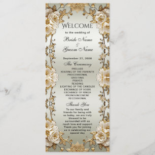 Golden Ornate White Flowers Wedding program Programme