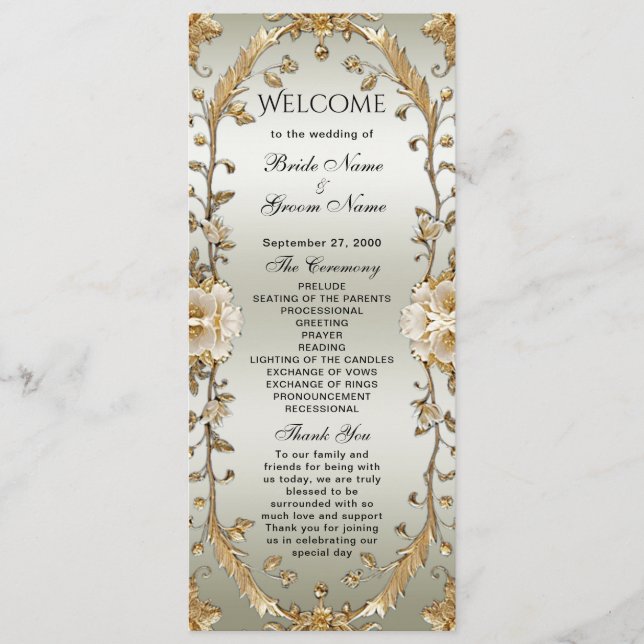 Golden Ornate White Flowers Wedding Program Programme (Front)