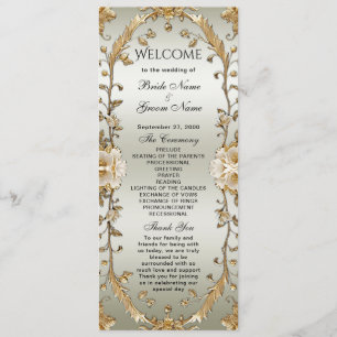 Golden Ornate White Flowers Wedding Program Programme