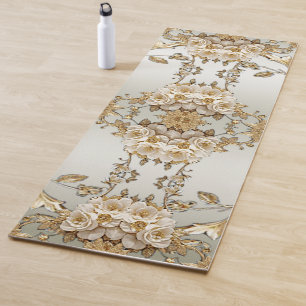 Golden Ornate White Flowers Yoga Mat