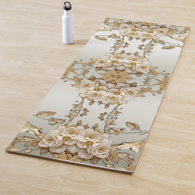 Golden Ornate White Flowers Yoga Mat (In Situ)