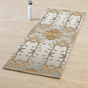 Golden Ornate White Flowers Yoga Mat