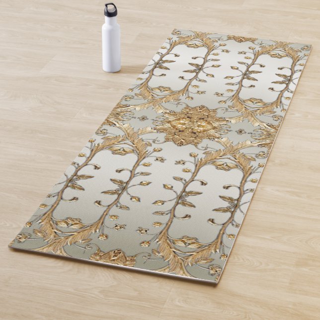 Golden Ornate White Flowers Yoga Mat (In Situ)