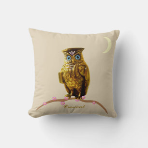 Golden Owl and Crescent Moon on Beige Cushion