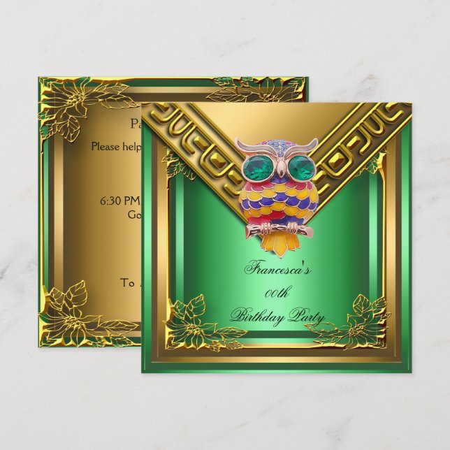 Golden Owl Elite Elegant Birthday Party Green Invitation (Front/Back)