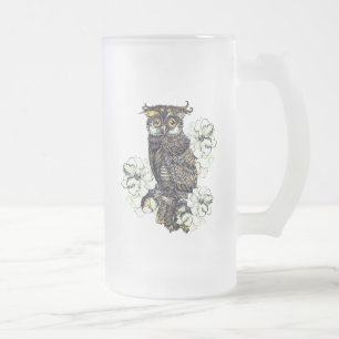 Golden Owl Green Orchids Frosted Glass Beer Mug
