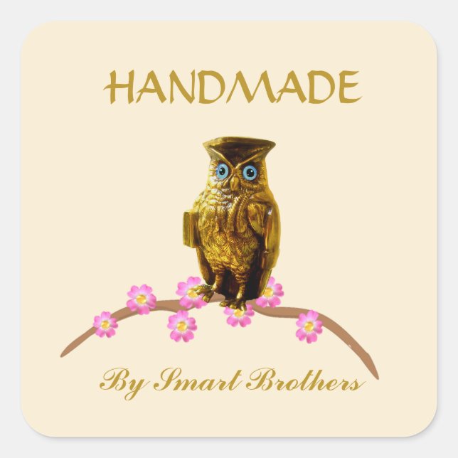 Golden Owl Handmade on Light Beige Business Square Sticker (Front)