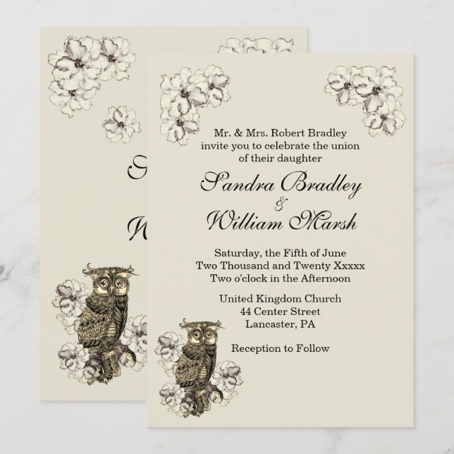 Golden Owl Married Cream Wedding Invitation (Front/Back)