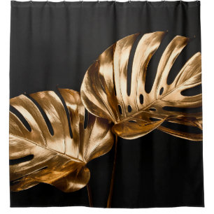 Golden painted date palm leaf closeup on abstract shower curtain