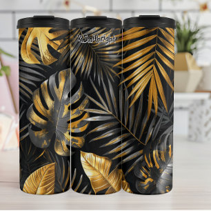 Golden Palm and Monstera Pattern Thermal Tumbler