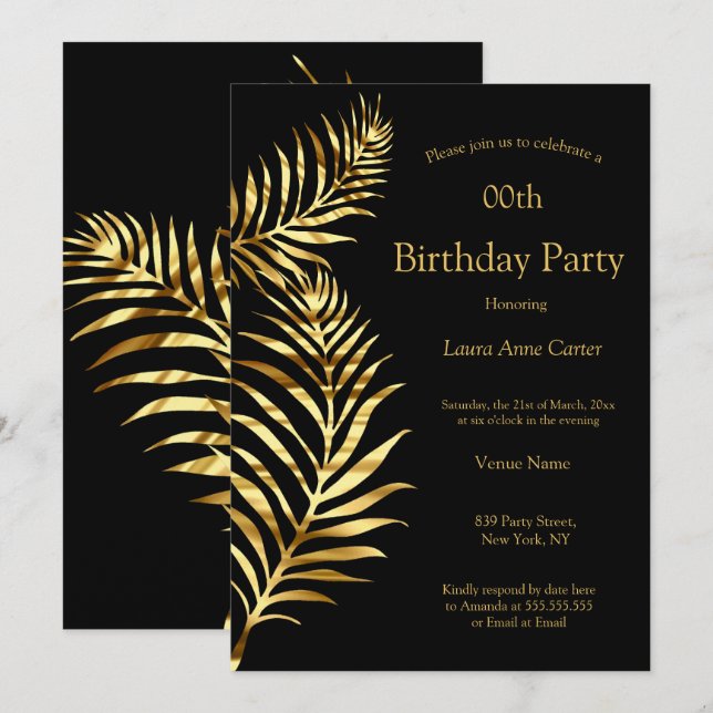 Golden Palm Black Gold Birthday Party Invitation (Front/Back)
