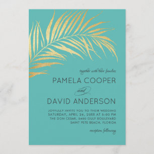 Golden Palm Frond Modern Minimalist Wedding Invitation