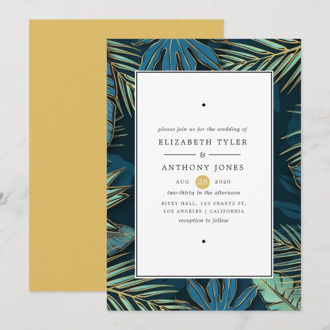 Golden Palm Leaves Exotic Tropical Wedding Invitation (Front/Back)