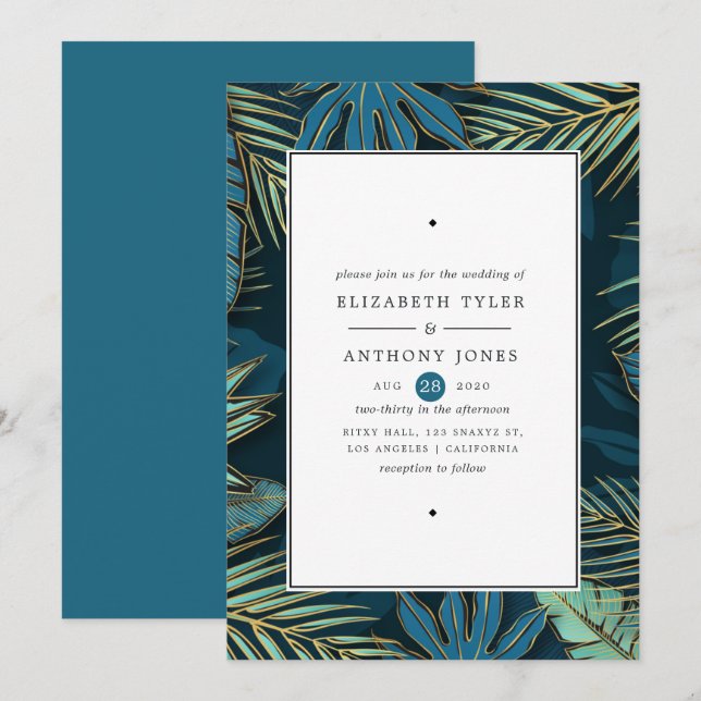 Golden Palm Leaves Exotic Tropical Wedding Invitation (Front/Back)