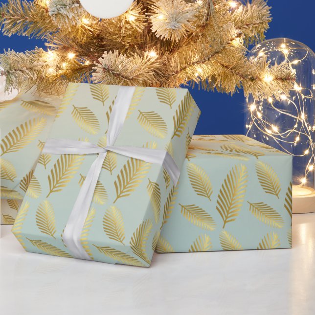 Golden Palm Leaves Pattern And Shade Of Blue Wrapping Paper (Holidays)
