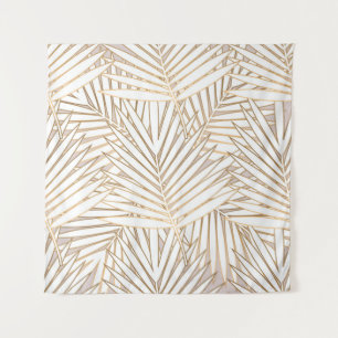 Golden palm leaves seamless pattern on white backg tapestry