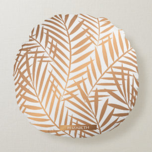Golden Palm Tree Leaf Pattern Round Cushion