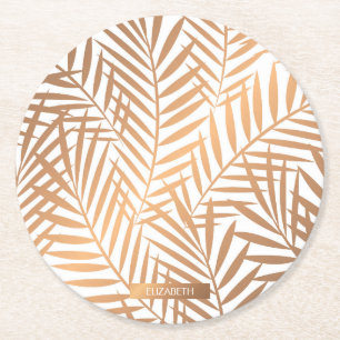 Golden Palm Tree Leaf Pattern Round Paper Coaster