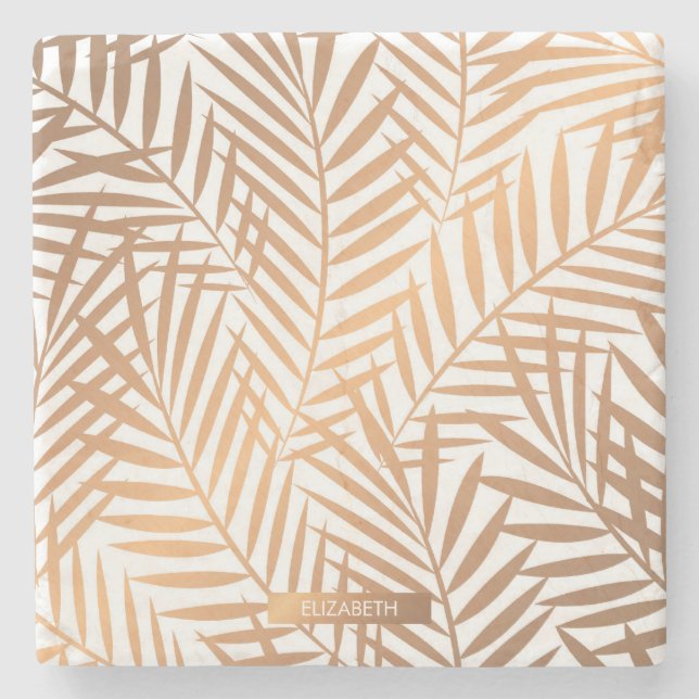 Golden Palm Tree Leaf Pattern Stone Coaster (Front)