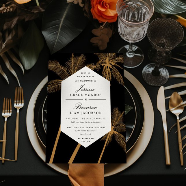 golden palm trees sophisticated tropical wedding invitation (Creator Uploaded)